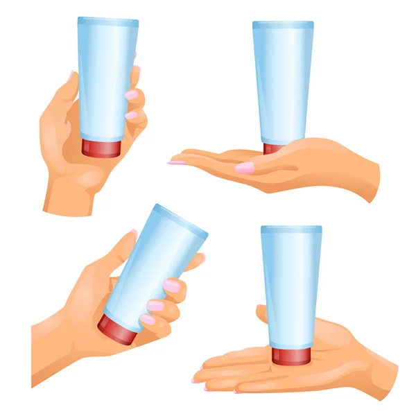 Mãos com tubo cosmético neles sobre fundo branco — Vetor de Stock