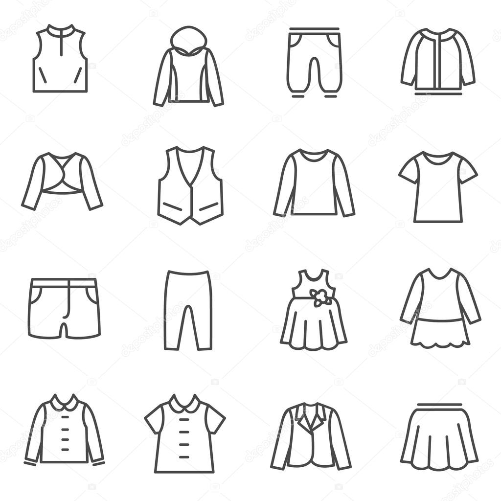 Types of clothes for girls and teenagers as line icons