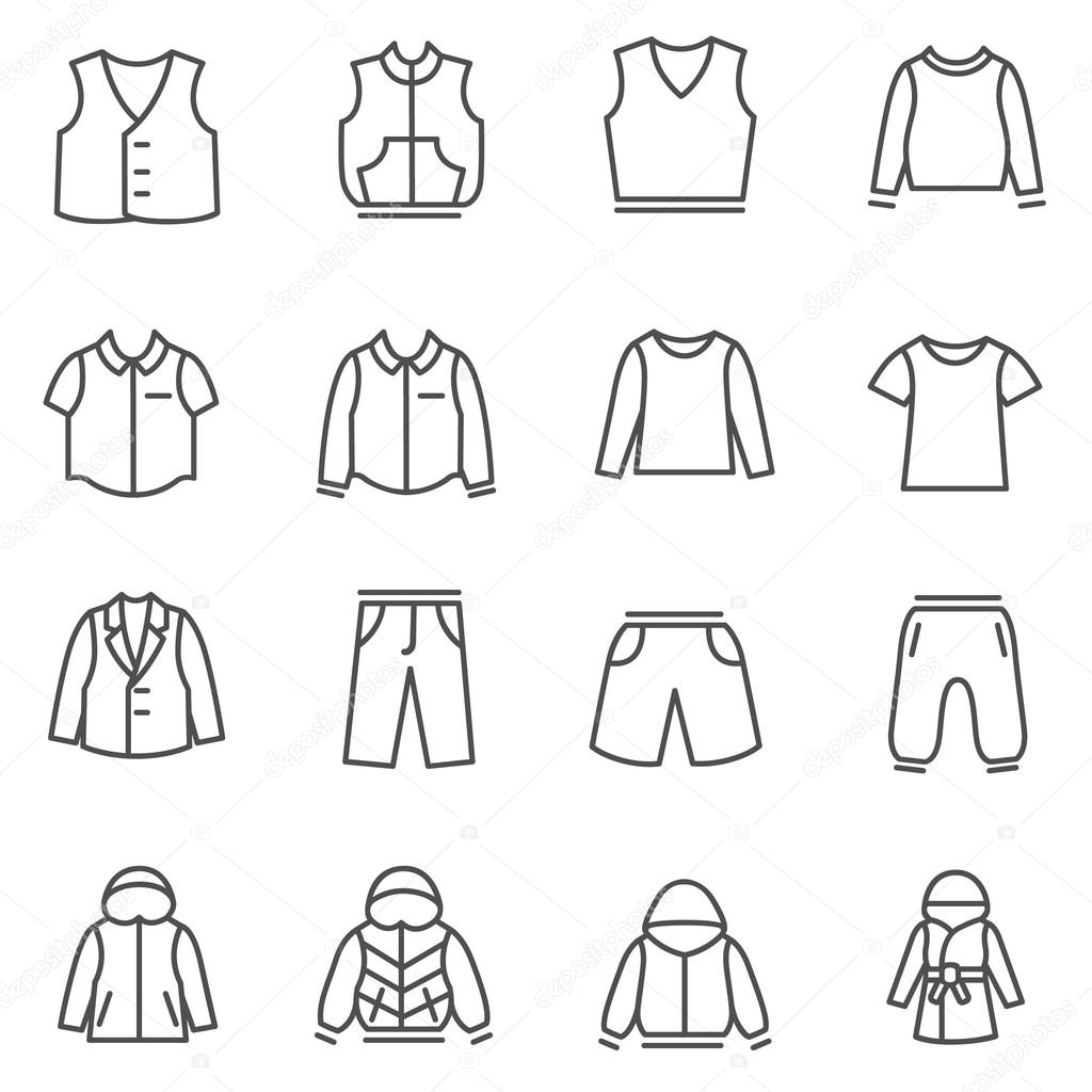 Types of clothes for boys and teenagers as line icons