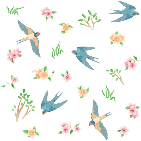 Бесшовный узор с весенними птицами и цветами — стоковый вектор