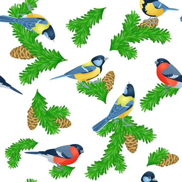 Motif sans couture avec pattes de sapin, mésange et pinsons — Image vectorielle