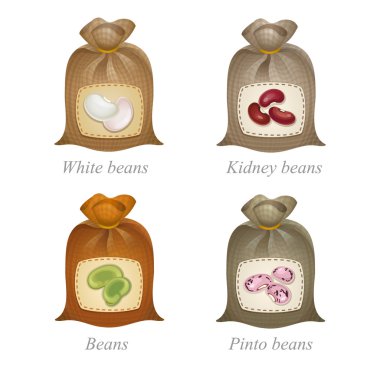 Four tied sacks with beans and peas labels on them clipart