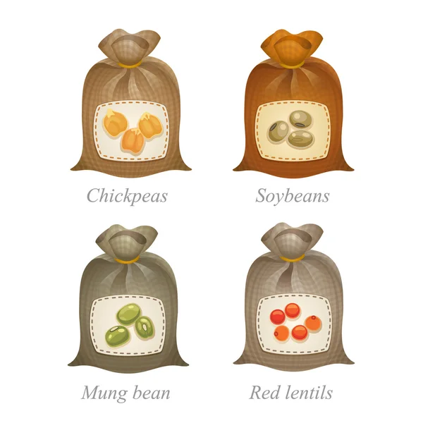 豆、エンドウ豆のラベルのうちの 4 つの結ばれた袋 — ストックベクタ