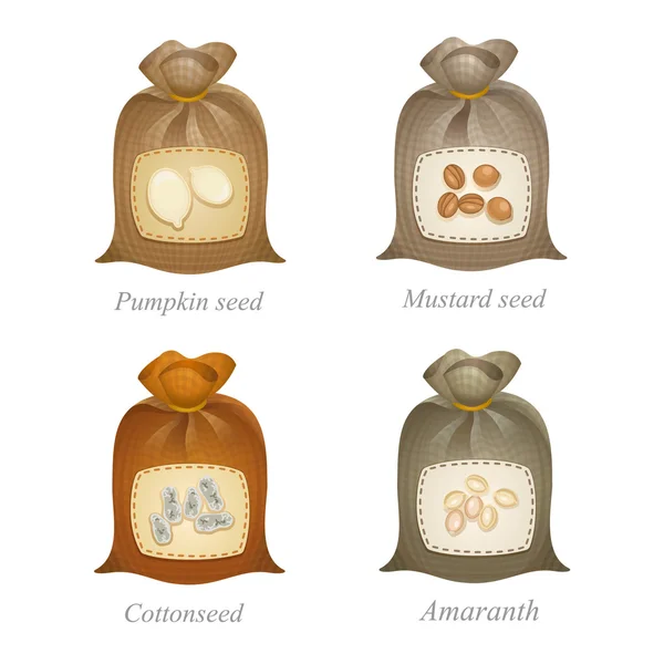 Cuatro sacos atados con etiquetas de cereales y semillas oleaginosas — Archivo Imágenes Vectoriales
