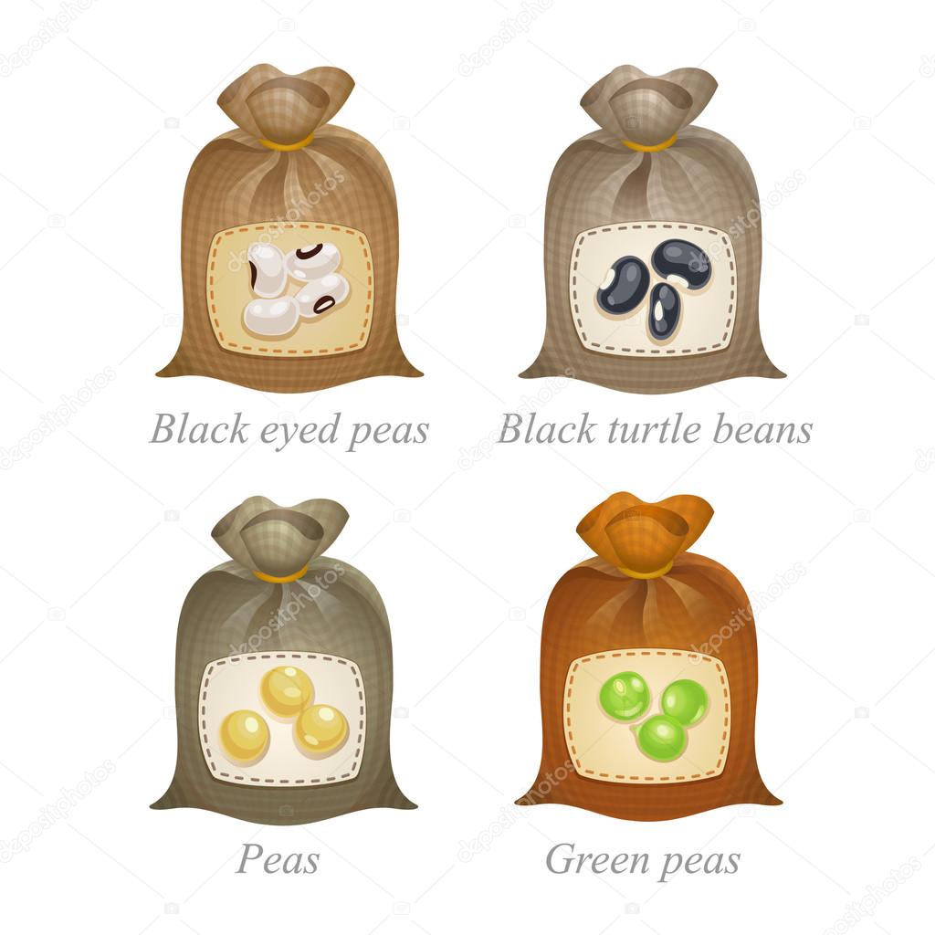 Four tied sacks with beans and peas labels on them