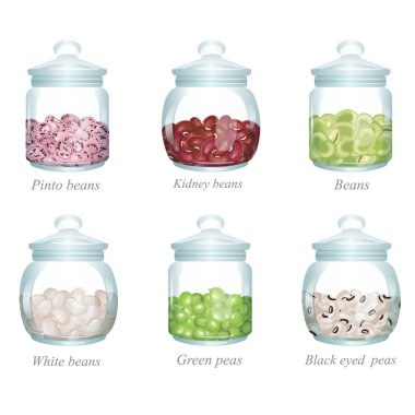 Six glass jars with beans and peas in them clipart