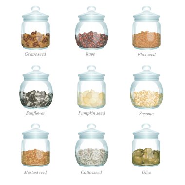 Nine glass jars with oil seeds in them clipart