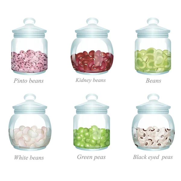 Seis jarros de vidro com feijão e ervilhas neles —  Vetores de Stock