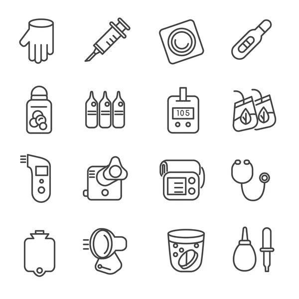 Different types of medicines and medical tools as line icons — Stock Vector