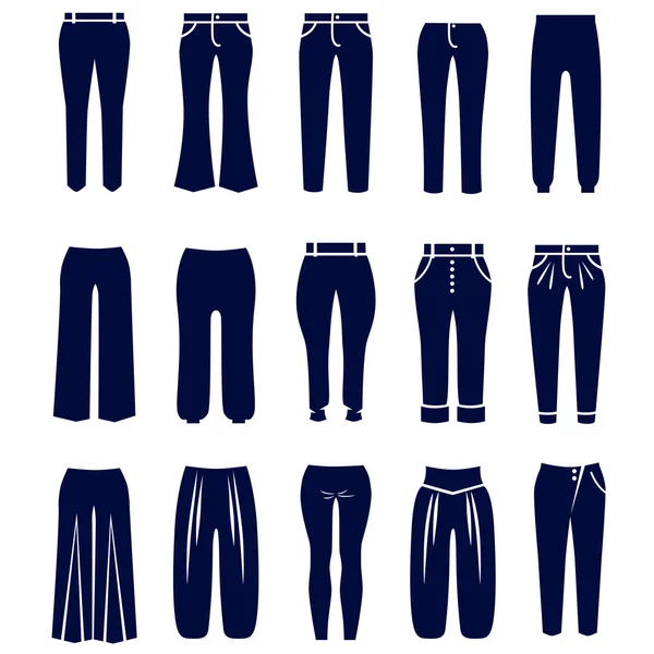 Diferentes tipos de pantalones y pantalones de mujer — Vector de stock
