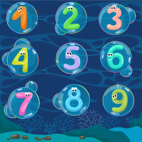 Round bubbles in water with numbers in them — Stock Vector