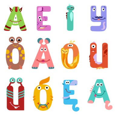 Sesli harfleri Latin alfabesinin farklı canavarlar gibi