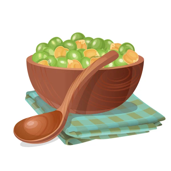 用绿色和黄色豌豆在它的木碗 — 图库矢量图片