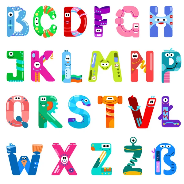 Consoantes do alfabeto latino como diferentes robôs — Vetor de Stock