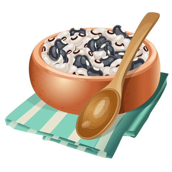 Clay bowl with white and black beans in it — Stock Vector