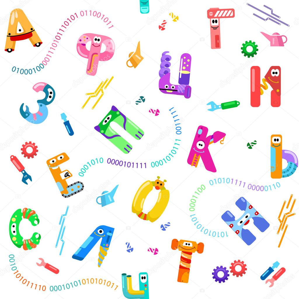 Cyrillic alphabet like different robots in seamless pattern