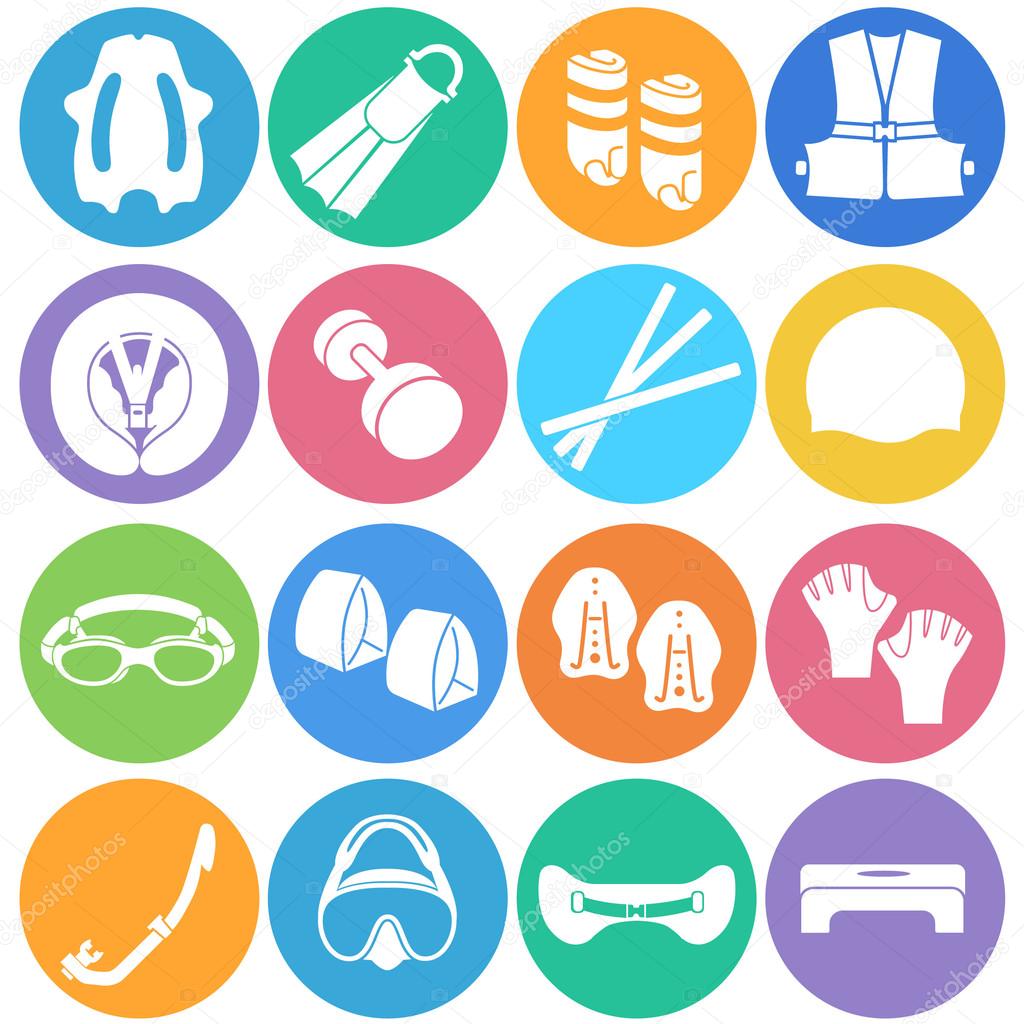 Different types of accessories for swimming as icons