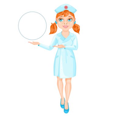 Redhead nurse pointing on something by her hands