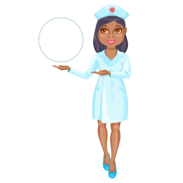 African American nurse pointing on something by her hands — 图库矢量图片