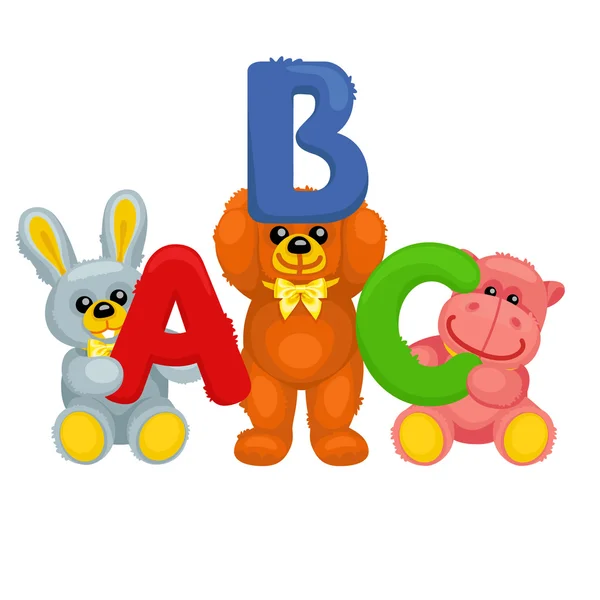 There are plush bear, bunny, panda and hippo holding numbers — Stockvector