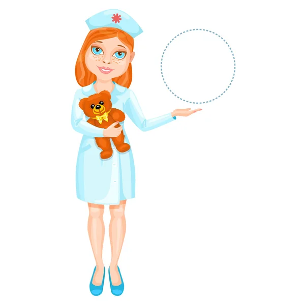 Redhead nurse holding a plush toy and pointing on something by her hand Stock Vector