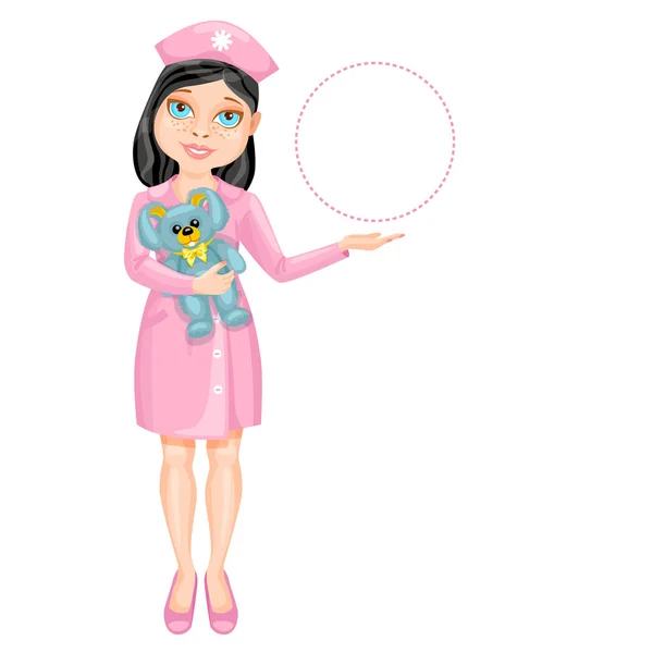 Black haired nurse holding a plush toy and pointing on something by her hand Stock Vector