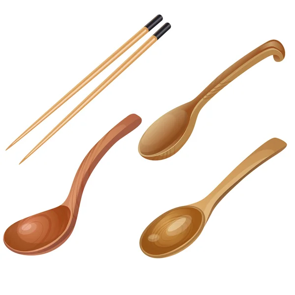 Tres cucharas de madera y un par de palillos — Vector de stock