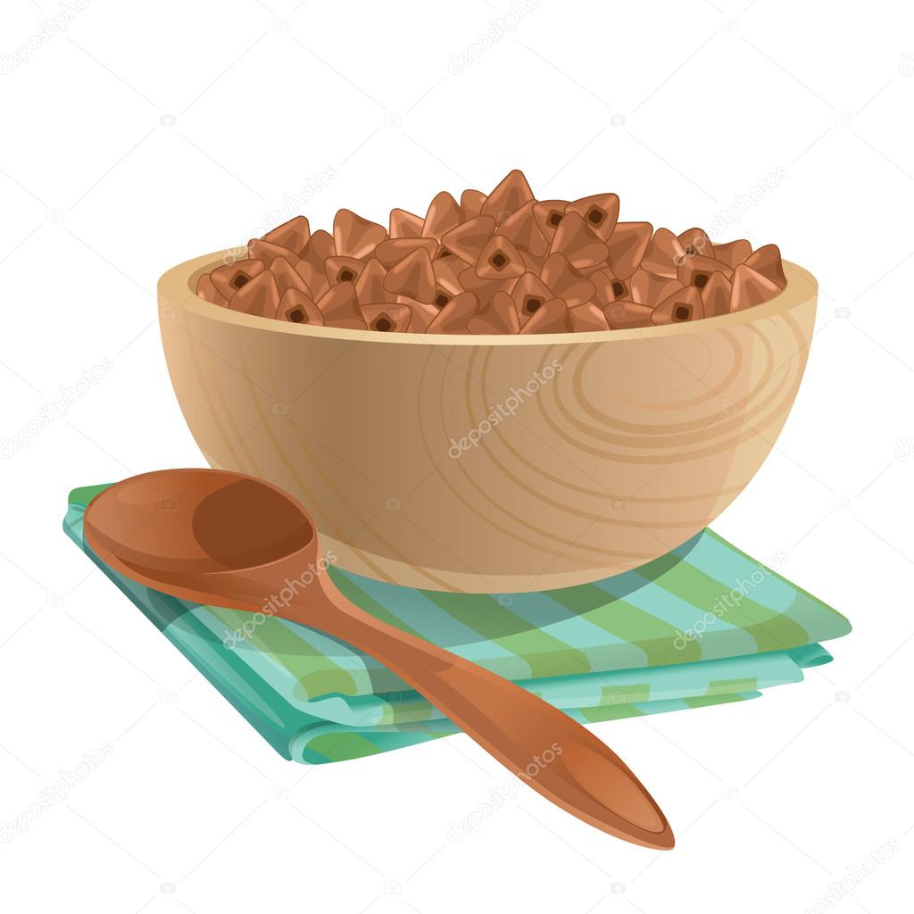 Wooden bowl with buckwheat in it