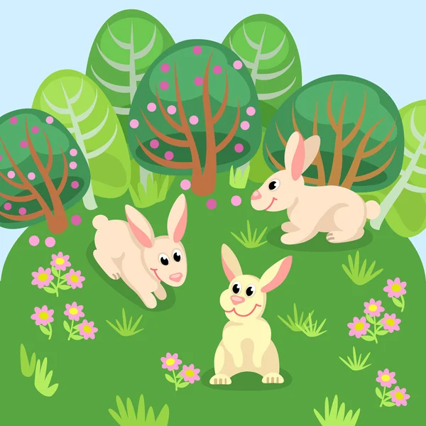 Card with three rabbits in natural background — Stock Vector