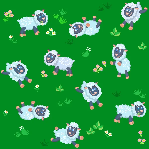 Padrão sem costura de prado de verão com ovelhas entre flores —  Vetores de Stock