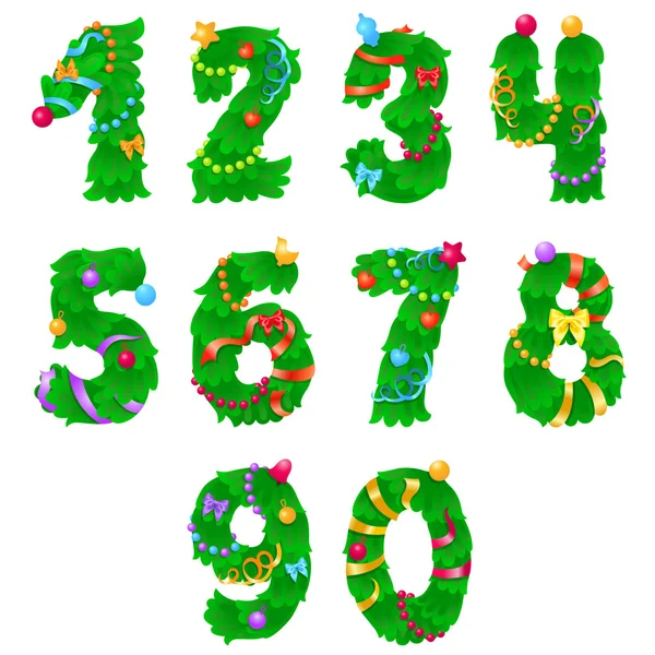 Numbers from one to zero like Christmas tree with ribbons and garlands — Stock Vector