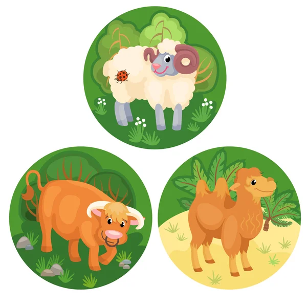 三个圆形的横额，农场里的动物 — 图库矢量图片