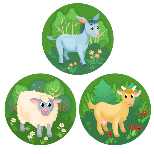 Tres pancartas redondas con animales de granja — Vector de stock