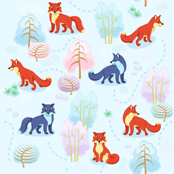 Seamless pattern of winter forest with foxes between trees — Stock Vector