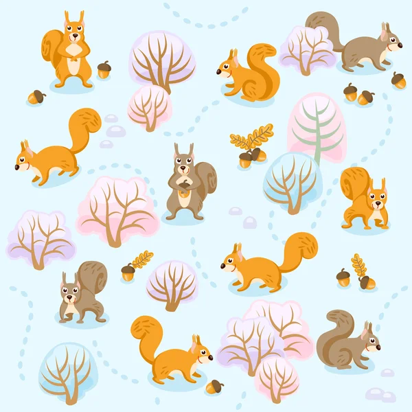 Modèle sans couture de la forêt d'hiver avec des écureuils entre les arbres — Image vectorielle