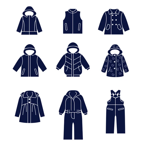 Icono conjunto de tipos de ropa de invierno para niños — Vector de stock