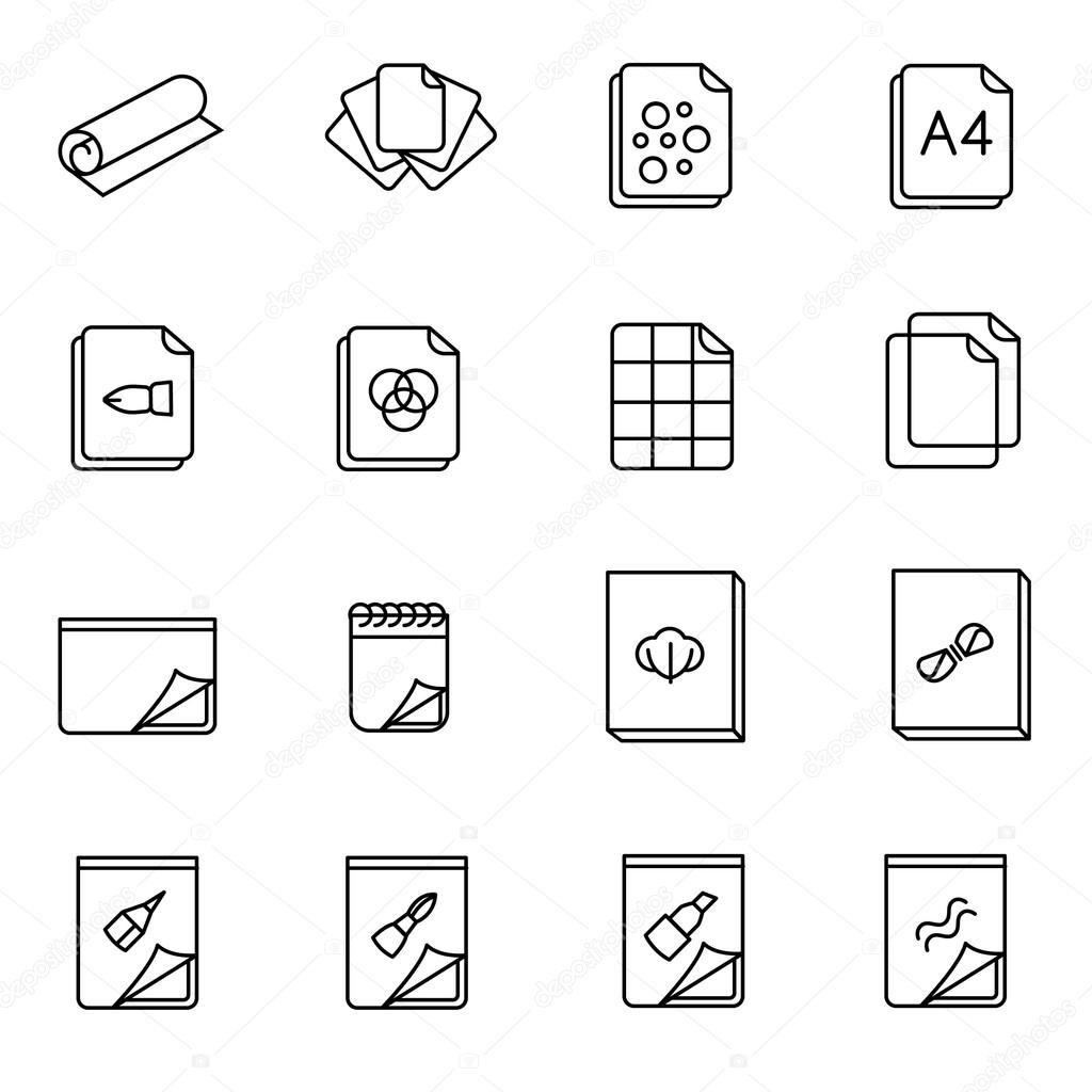 Types of paper and canvases for art as line icons