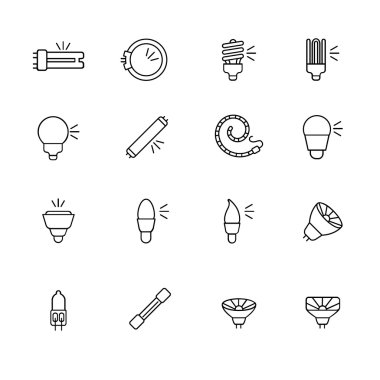 Types of light bulbs for different types of lighting as line icons clipart