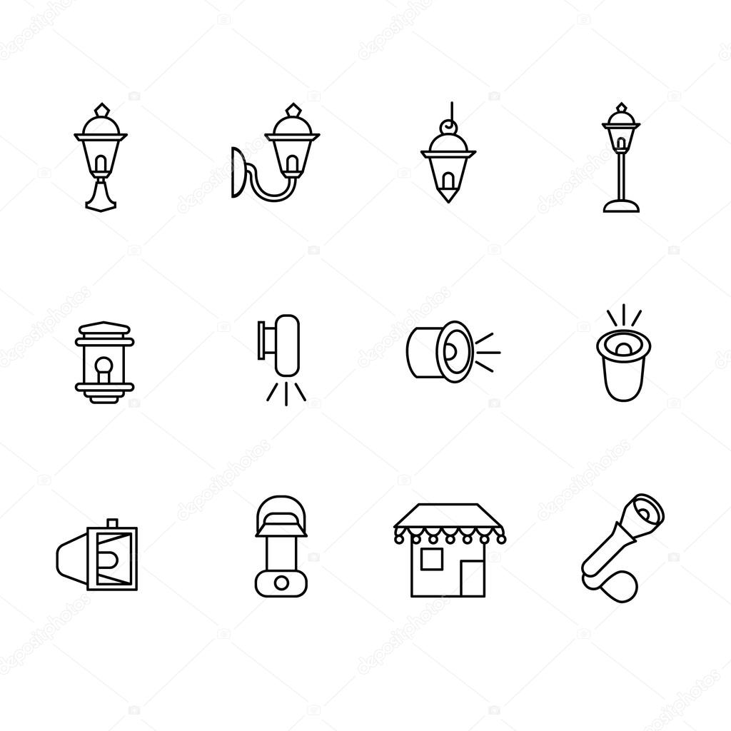 Types of lighting for outdoor use as line icons