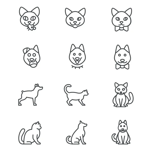 Ícones de gatos e cães em diferentes posições como ícones de linha — Vetor de Stock
