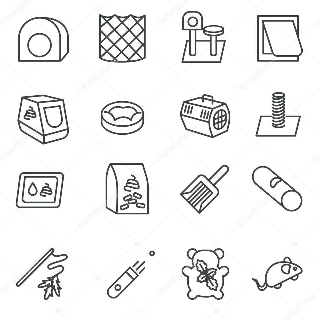 Cat care items as line icons