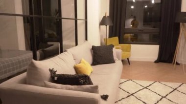 Modern oturma odasının soldan sağa görüntüsünü rahat kanepe ve tasarım halısı ve sarı yastıkla çevirin.
