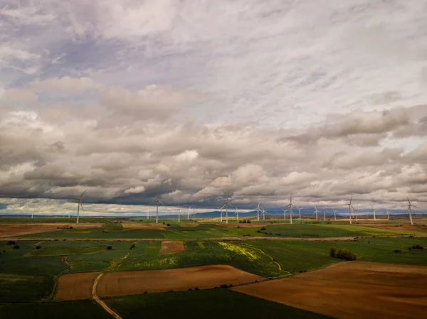 Aerial View Sustainable Wind Turbines Farmfield Valdorros Kasztília Leon Burgos — Stock Fotó