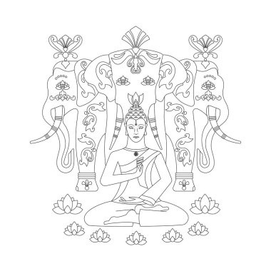 Buda ve fil Erawan 'ı meditasyon yaparken. Zen sanatı. Görüntü.