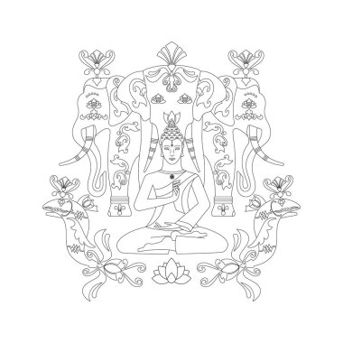 Meditasyon Buda, fil Erawan ve balık. Zen sanatı. Görüntü.