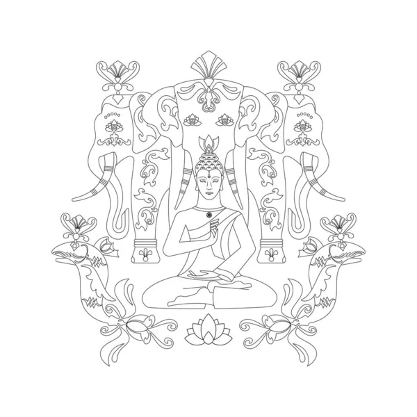 Meditasyon Buda, fil Erawan ve balık. Zen sanatı. Görüntü.