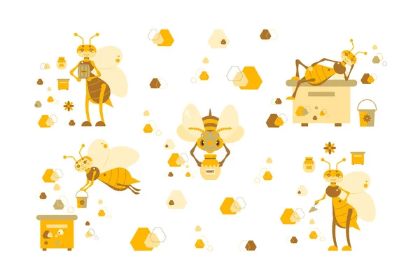 Arıların ve tasarım elementlerinin olduğu posterler, rozetler, bal çıkarılmasıyla ilgili etiketler..