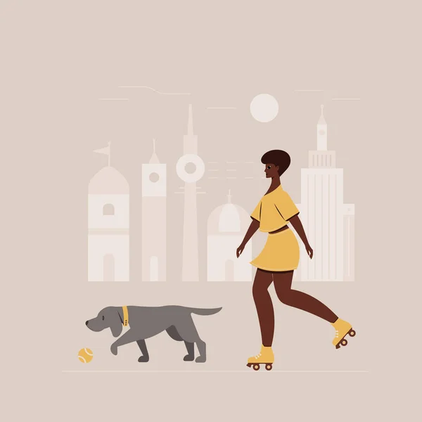 Fille sur patins à roulettes avec un chien. Illustration. — Image vectorielle