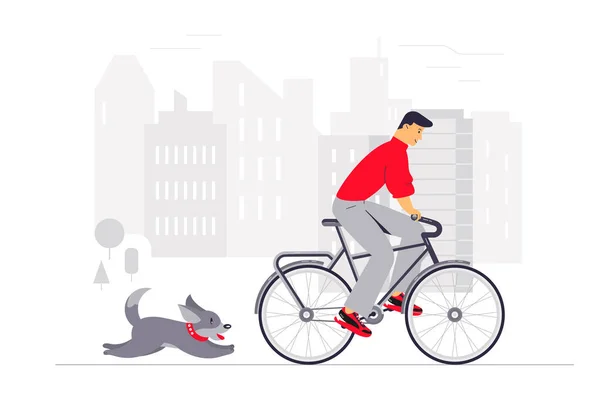 Promenade en vélo avec un chien autour de la ville. Illustration. — Image vectorielle