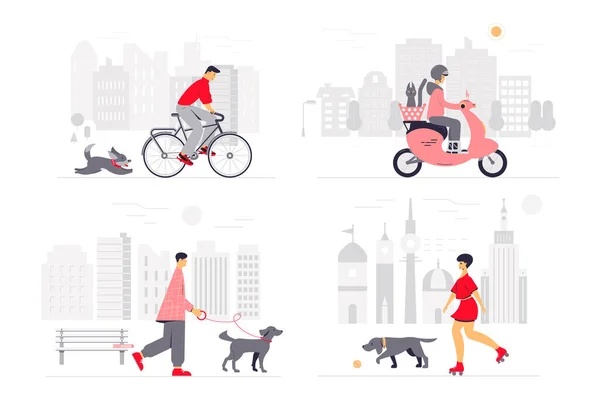 A passear pessoas com animais de estimação pela cidade. Preparado. Ilustração. — Vetor de Stock